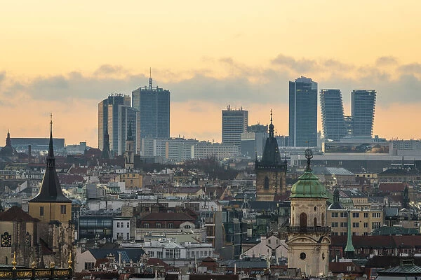 Skyline with high-rise buildings in contrast with old buildings in city center of Prague at sunrise, Prague, Bohemia, Czech Republic