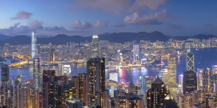 Framed Print : Skyline of Hong Kong Island and Kowloon at dusk, Hong Kong