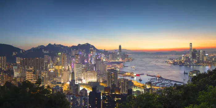 Framed Print : Skyline of Hong Kong Island and Kowloon at sunset, Hong Kong Framed Print : Skyline of Hong Kong Island and Kowloon at sunset, Hong Kong