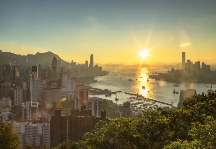 Framed Print : Skyline of Hong Kong Island and Kowloon at sunset, Hong Kong Framed Print : Skyline of Hong Kong Island and Kowloon at sunset, Hong Kong