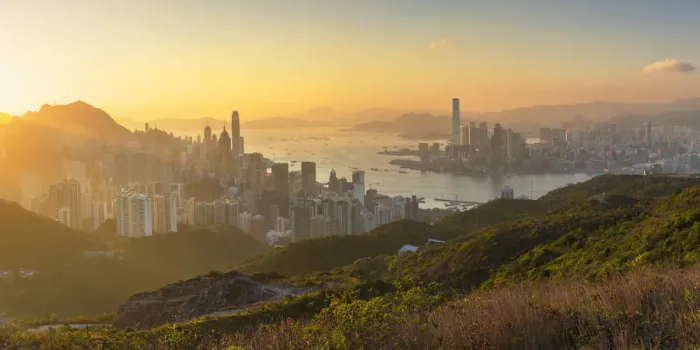 Framed Print : Skyline of Hong Kong Island and Kowloon at sunset, Hong Kong Framed Print : Skyline of Hong Kong Island and Kowloon at sunset, Hong Kong