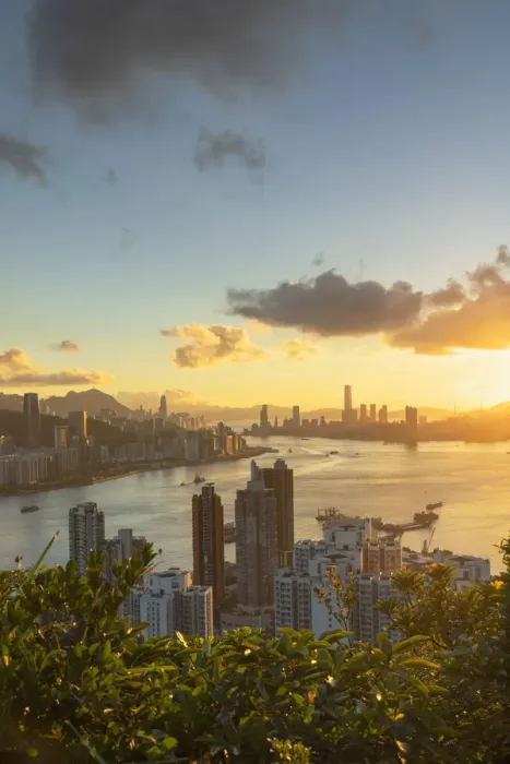 Framed Print : Skyline of Hong Kong Island and Kowloon at sunset, Hong Kong Framed Print : Skyline of Hong Kong Island and Kowloon at sunset, Hong Kong