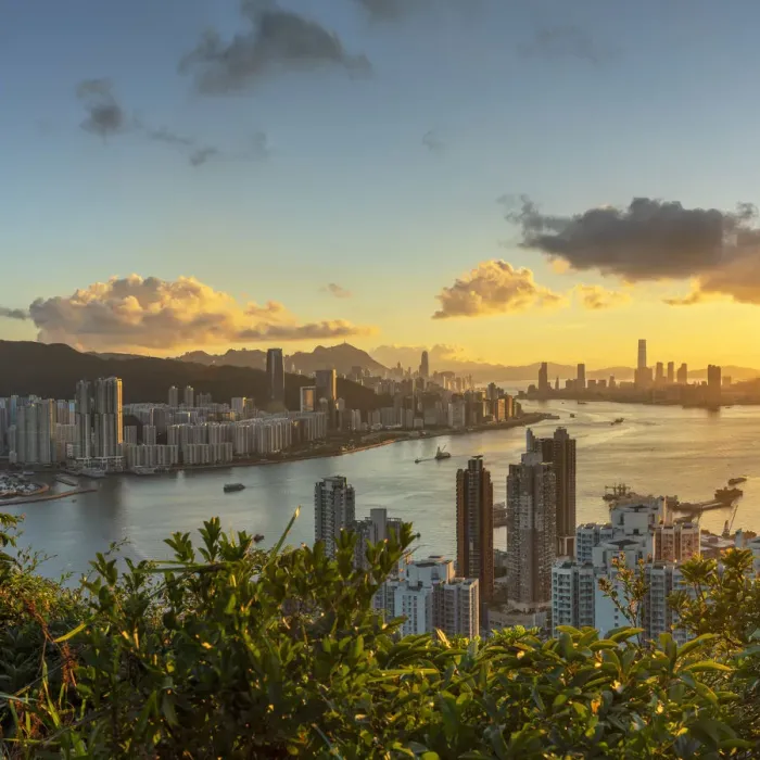 Framed Print : Skyline of Hong Kong Island and Kowloon at sunset, Hong Kong Framed Print : Skyline of Hong Kong Island and Kowloon at sunset, Hong Kong