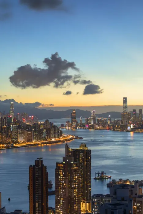 Framed Print : Skyline of Hong Kong Island and Kowloon at sunset, Hong Kong Framed Print : Skyline of Hong Kong Island and Kowloon at sunset, Hong Kong
