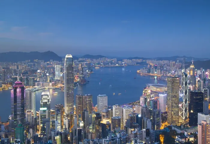 Framed Print : Skyline of Hong Kong Island and Kowloon from Victoria Peak at dusk, Hong Kong Island Framed Print : Skyline of Hong Kong Island and Kowloon from Victoria Peak at dusk, Hong Kong Island