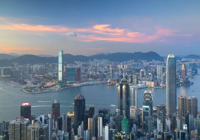 Framed Print : Skyline of Hong Kong Island and Kowloon from Victoria Peak at sunset, Hong Kong Island Framed Print : Skyline of Hong Kong Island and Kowloon from Victoria Peak at sunset, Hong Kong Island