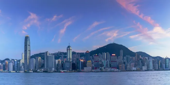 Framed Print : Skyline of Hong Kong Island at sunset, Hong Kong Framed Print : Skyline of Hong Kong Island at sunset, Hong Kong