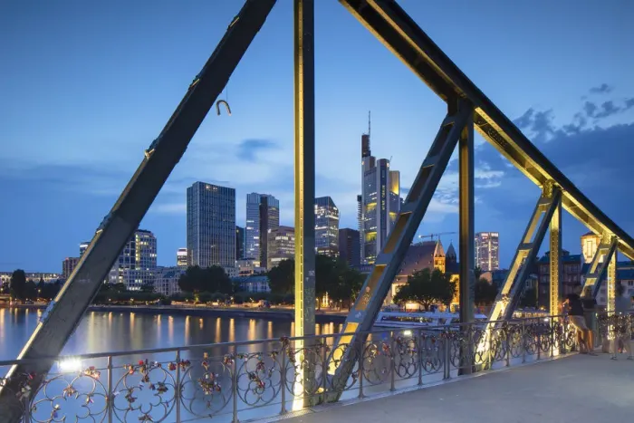 Framed Print : Skyline and Iron Bridge at dusk, Frankfurt, Hesse, Germany Framed Print : Skyline and Iron Bridge at dusk, Frankfurt, Hesse, Germany