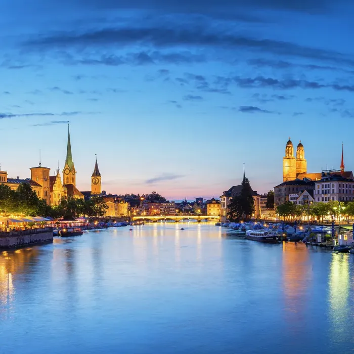 Framed Print : Skyline and Limmat River at dusk, Zurich, Switzerland Framed Print : Skyline and Limmat River at dusk, Zurich, Switzerland