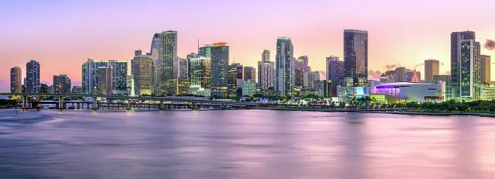 Framed Print : Skyline of Miami Downtown at sunset, night illuminated, Miami, Florida, USA Framed Print : Skyline of Miami Downtown at sunset, night illuminated, Miami, Florida, USA