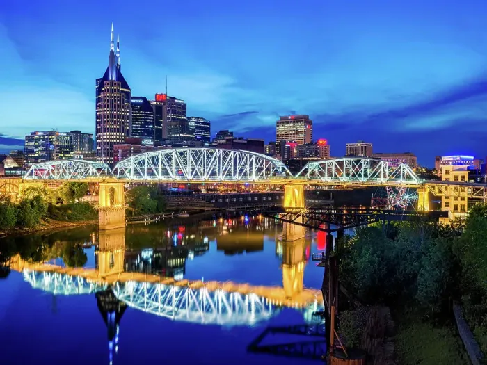 Framed Print : Skyline of Nashville with Shelby Bridge, Cumberland River, Nashville, Tennessee, USA