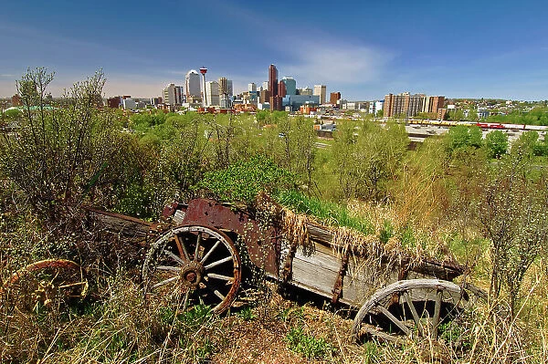 Skyline and old wagon, Alberta, Canada