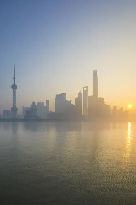 Framed Print : Skyline of Pudong from The Bund on a foggy November morning, Shanghai, China Framed Print : Skyline of Pudong from The Bund on a foggy November morning, Shanghai, China