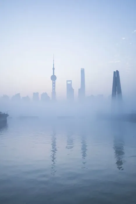 Framed Print : Skyline of Pudong on a foggy November morning, Shanghai, China Framed Print : Skyline of Pudong on a foggy November morning, Shanghai, China