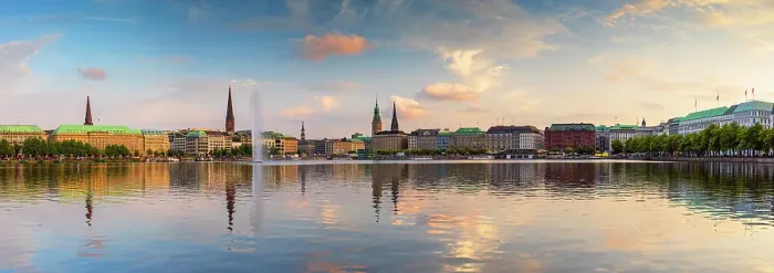 Framed Print : Skyline reflected in Binnenalster, Hamburg, Germany Framed Print : Skyline reflected in Binnenalster, Hamburg, Germany