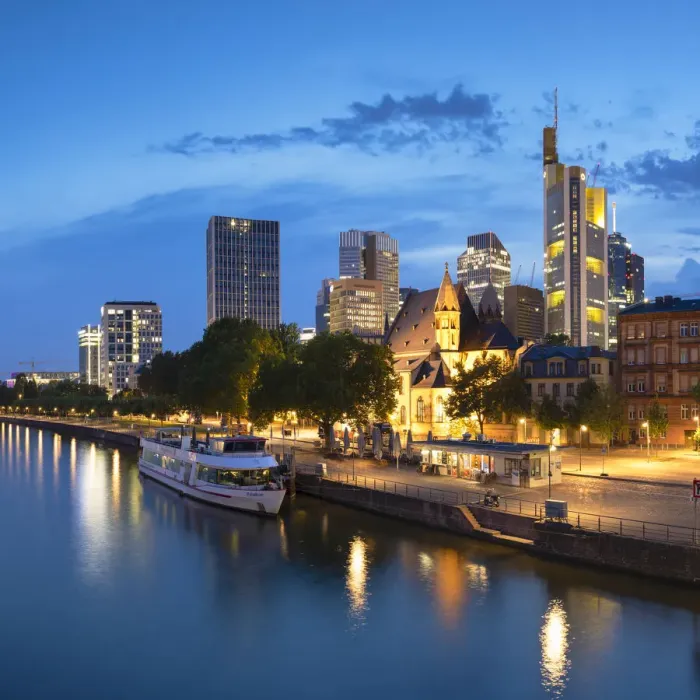 Framed Print : Skyline along River Main at dusk, Frankfurt, Hesse, Germany Framed Print : Skyline along River Main at dusk, Frankfurt, Hesse, Germany