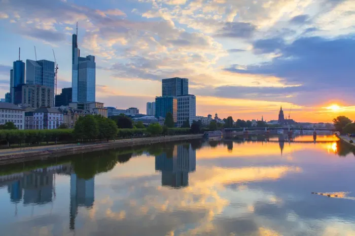 Framed Print : Skyline and River Main at sunrise, Frankfurt, Hesse, Germany Framed Print : Skyline and River Main at sunrise, Frankfurt, Hesse, Germany
