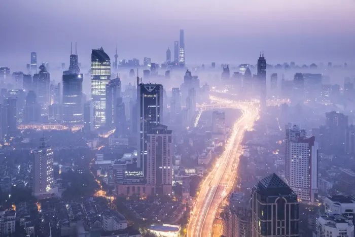 Framed Print : Skyline of Shanghai from Jing An on a foggy November morning, China