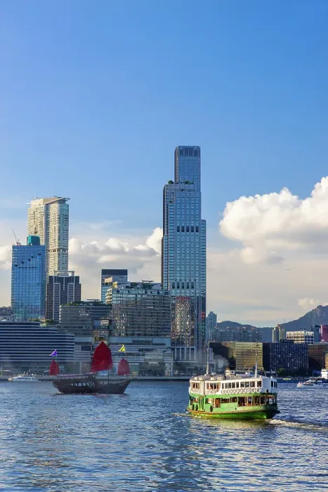 Framed Print : Skyline of Tsim Sha Tsui, Star Ferry and Aqua Luna junk boat, Hong Kong Framed Print : Skyline of Tsim Sha Tsui, Star Ferry and Aqua Luna junk boat, Hong Kong