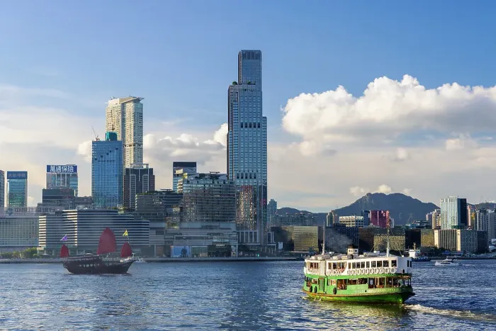 Framed Print : Skyline of Tsim Sha Tsui, Star Ferry and Aqua Luna junk boat, Hong Kong Framed Print : Skyline of Tsim Sha Tsui, Star Ferry and Aqua Luna junk boat, Hong Kong