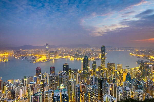 Skyscrapers in central Hong Kong seen from Victoria Peak at dawn, Hong Kong Island