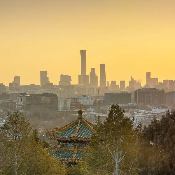 Skyscrapers of Chaoyang business district from Jingshan Park at sunrise, Beijing, China