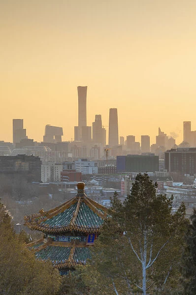 Skyscrapers of Chaoyang business district from Jingshan Park at sunrise, Beijing, China