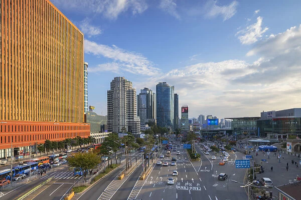 Skyscrapers and traffic outisde Seoul Station, Seoul, South Korea