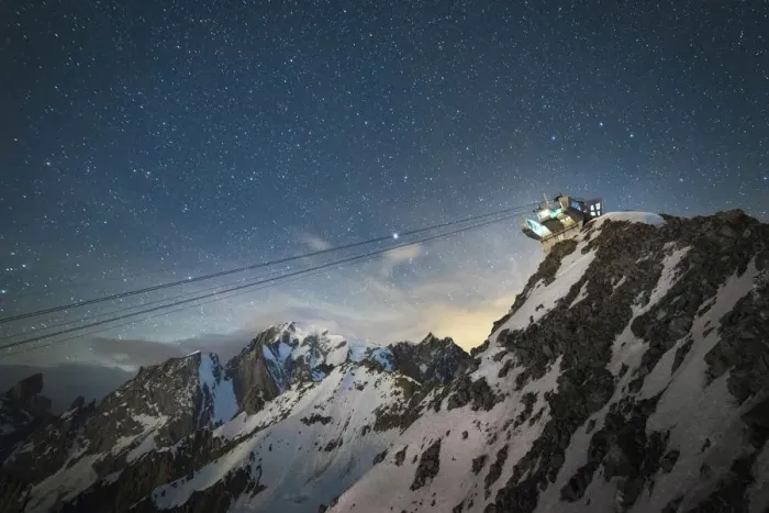 Framed Print : Skyway cableway station near Mont Blanc under a starry sky, Torino refuge Framed Print : Skyway cableway station near Mont Blanc under a starry sky, Torino refuge