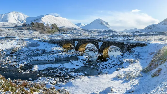 Framed Print : Sligachan Bridge and the Cullin Hills, Glen Sligachan, Isle of Skye, Highlands, Scotland, United Kingdom