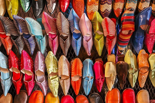 Slippers for sale in the Slipper Souq, The Souq, Marrakech, Morocco