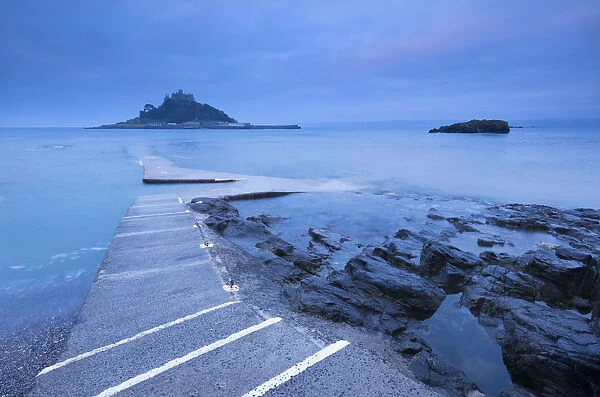 Slipway at St Michaels Mount at dawn, Marazion, Cornwall, England. Winter (March)