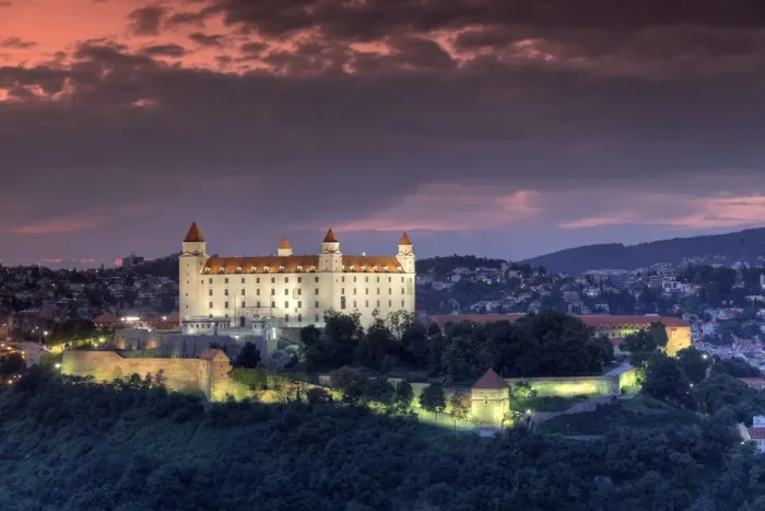 Framed Print : Slovakia, Bratislava, view of Old Town with Bratislava Castle and River Danube