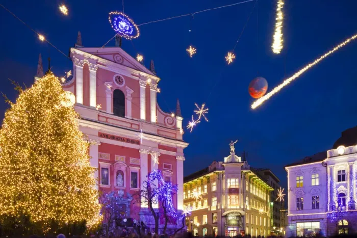 Framed Print : Slovenia, Central Slovenia, Ljubljana. Christmas Market in Preseren Square