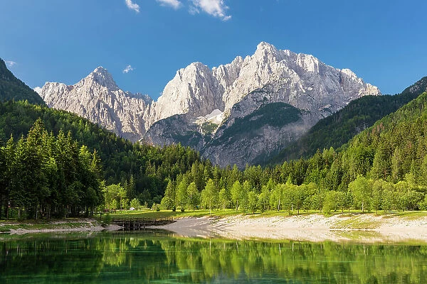 Slovenia, Gorenjska Region, Kranjska Gora. Lake Jasna and the mountains Prisank and Razor