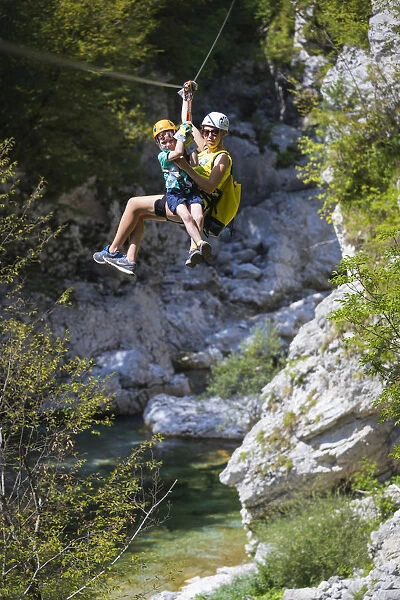 Slovenia, Goriska Region, Bovec. Ziplining in the Ucja Canyon in the Soca Valley