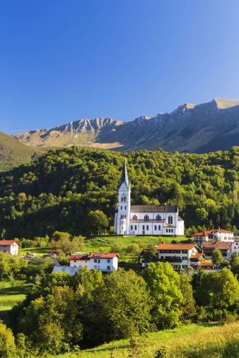 Framed Print : Slovenia, Goriska Region, Dreznica. The Church of the Sacred Heart, backdropped by Framed Print : Slovenia, Goriska Region, Dreznica. The Church of the Sacred Heart, backdropped by