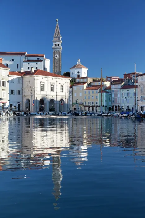 Framed Print : Slovenia, Piran, the church and old town reflected in the sea Framed Print : Slovenia, Piran, the church and old town reflected in the sea