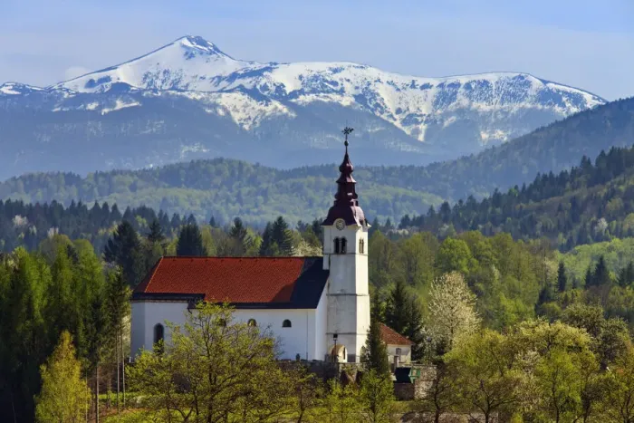 Framed Print : Slovenian Church with Mountain backdrop Framed Print : Slovenian Church with Mountain backdrop