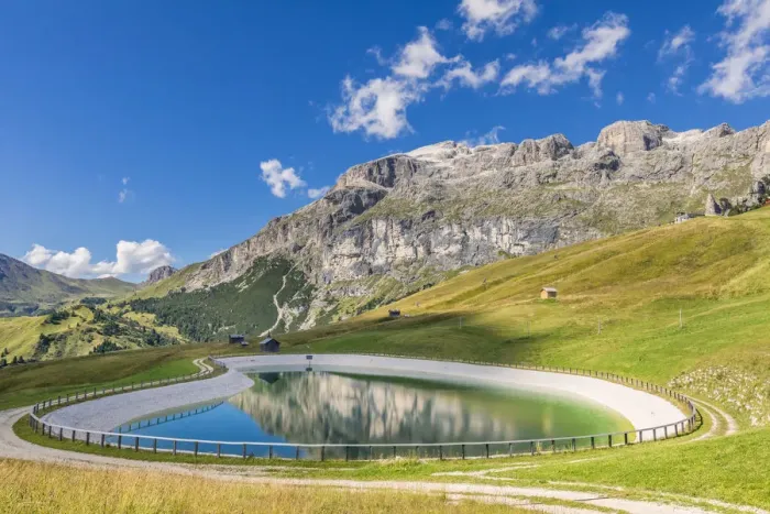 Framed Print : Small artificial lake near the Bec de Roces refuge, Dolomites, Arabba Framed Print : Small artificial lake near the Bec de Roces refuge, Dolomites, Arabba
