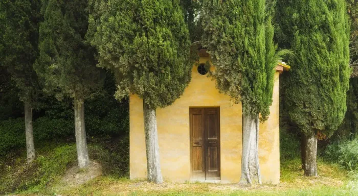 Framed Print : Small Chapel and Cypress trees near Lucignano d Asso Tuscany Italy
