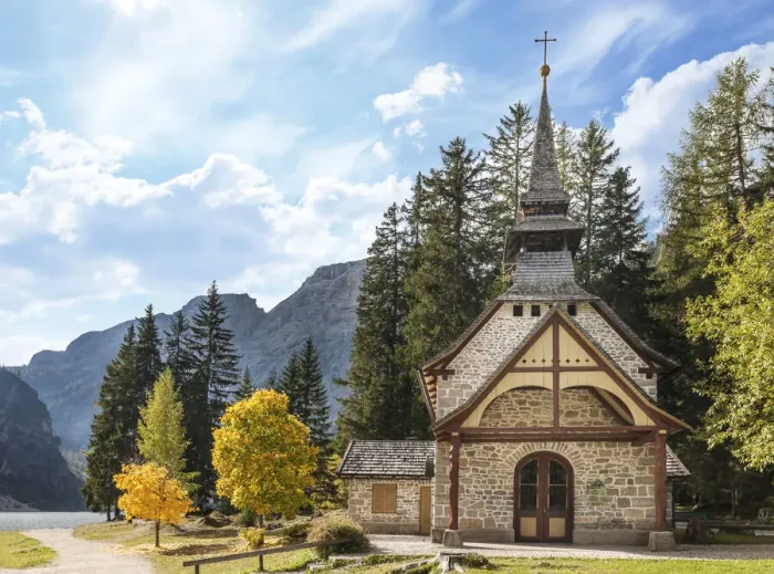 Framed Print : Small chapel on Lake Braies in autumn, South Tyrol, Italy