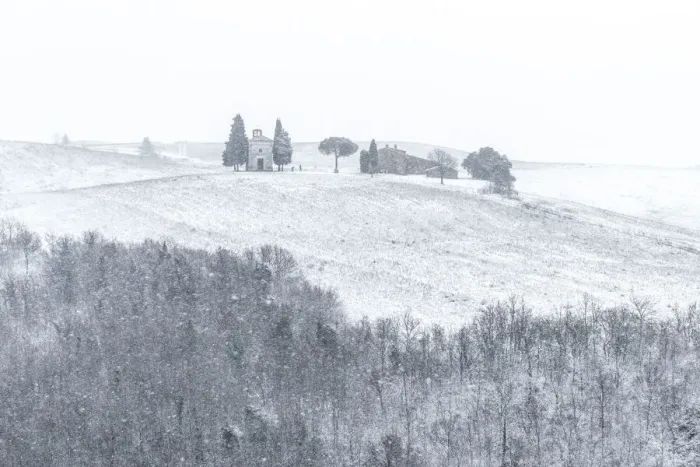 Framed Print : The small chapel of Madonna di Vitaleta appearing in the blizzard during a winter Framed Print : The small chapel of Madonna di Vitaleta appearing in the blizzard during a winter