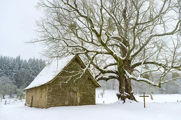 Small chapel at Mas Saint-Jean on a snowy winter day, Saint-Sulpice-le-Dunois, La Creuse