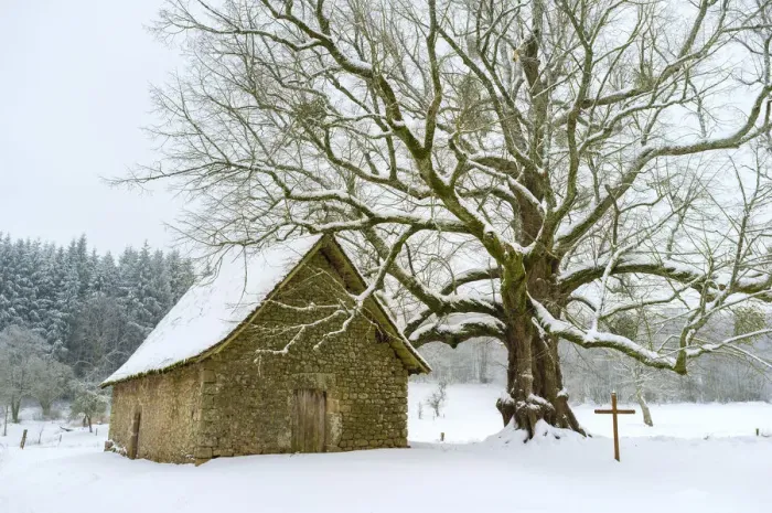 Framed Print : Small chapel at Mas Saint-Jean on a snowy winter day, Saint-Sulpice-le-Dunois, La Creuse