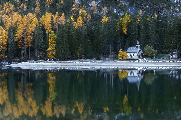 The small chapel on the shores of the Braies lake (Pragser Wildsee) with larches and firs reflecting in the lake. Dolomites, Italy