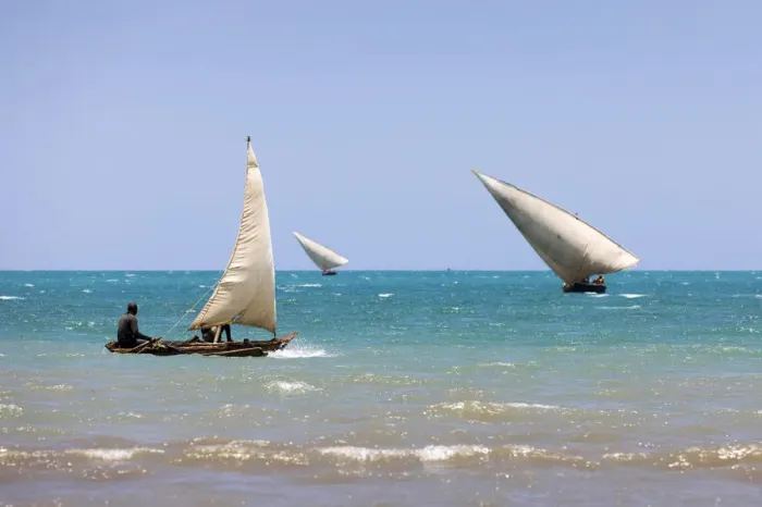 Framed Print : Three small dhows are out fishing near the coast, Zanzibar, Tanzania Framed Print : Three small dhows are out fishing near the coast, Zanzibar, Tanzania