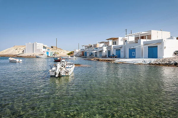 The small fishing village of Agios Konstantinos and its typical Syrmata, Plaka, Milos Island, Cyclades Islands, Greece