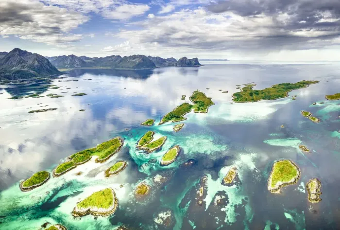 Framed Print : Small idyllic islands of Bergsoyan along the fjord, aerial view, Hamn I Senja, Skaland