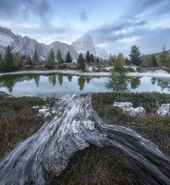 The small Limides lake near the Falzarego Pass during a gloomy autumn evening. Dolomites, Italy